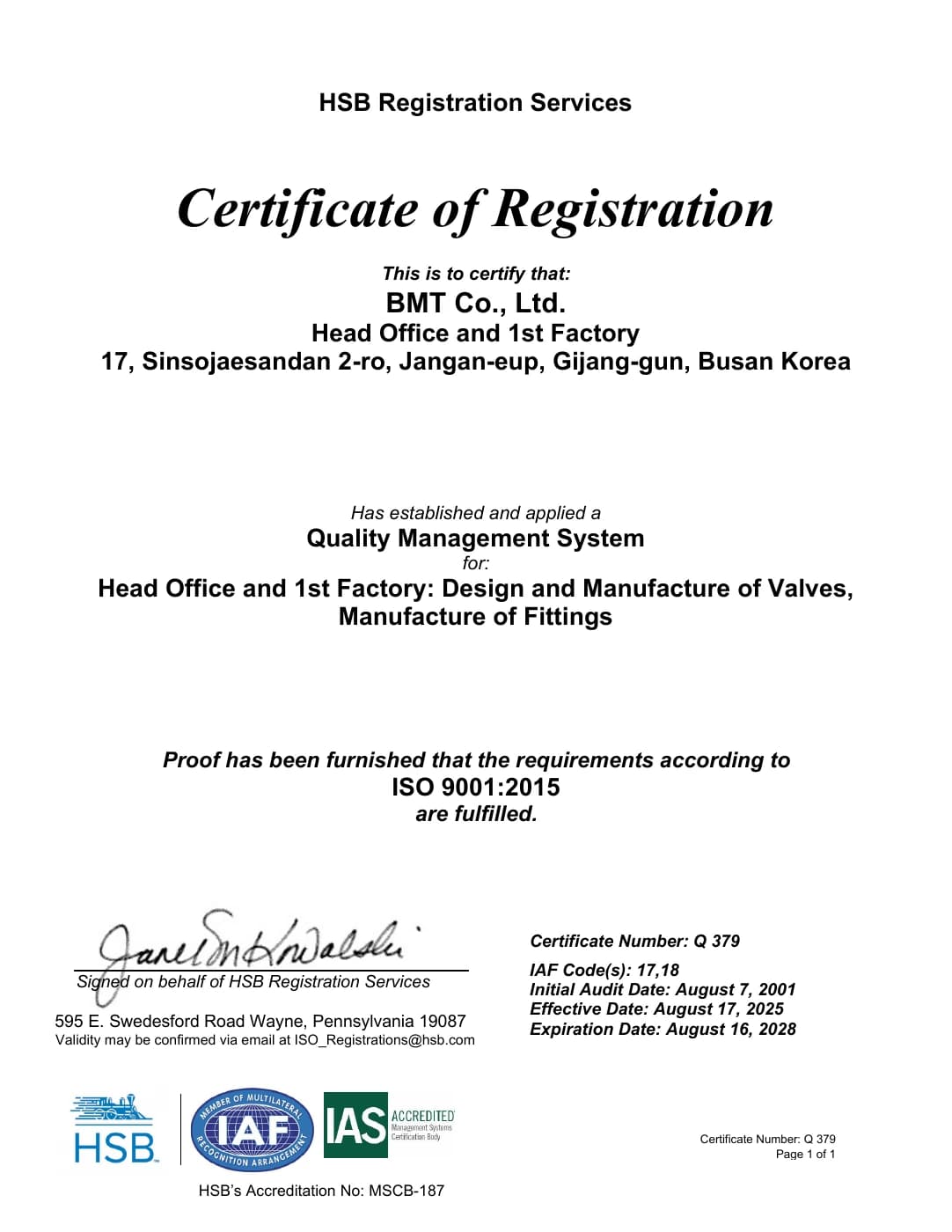 BMT Co., Ltd. ISO 9001:2015 certificate Q 379, issued by HSB Registration Services
