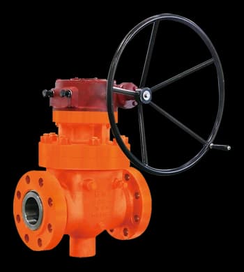 Orange BMT SUPERLOK flanged process ball valve with a gear handwheel